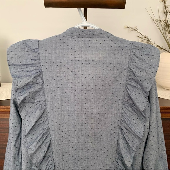 Chambray Patterned Ruffled Prairie Blouse, Size Large - Picture 9 of 12